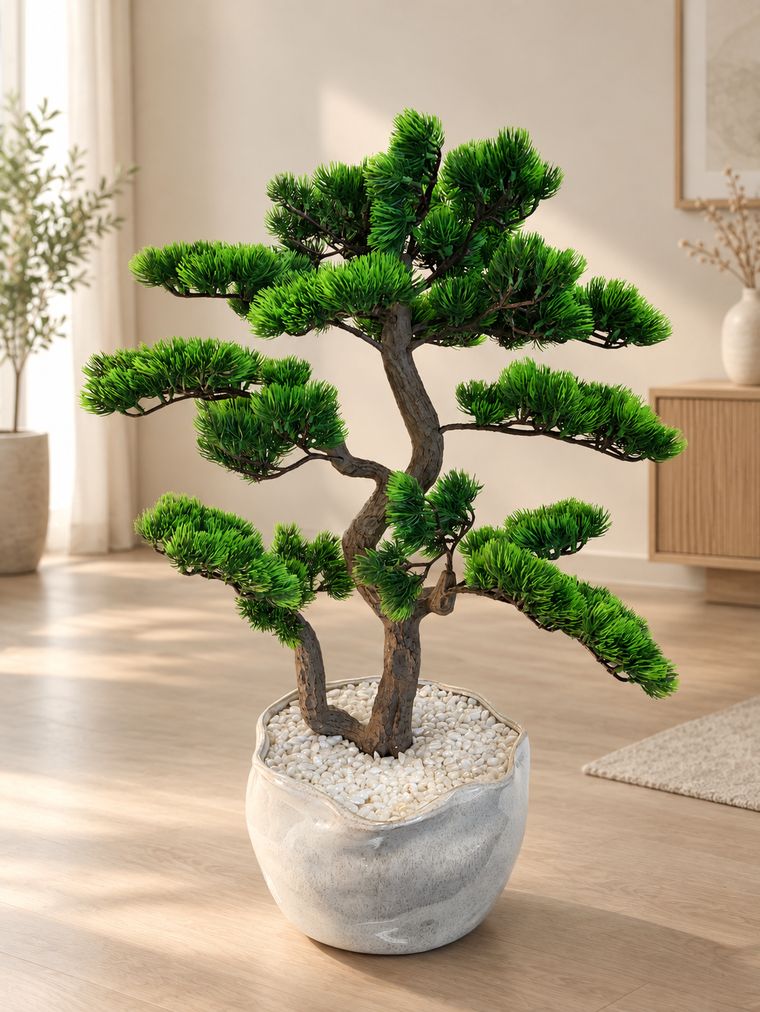 Green bonsai pine in stone planter