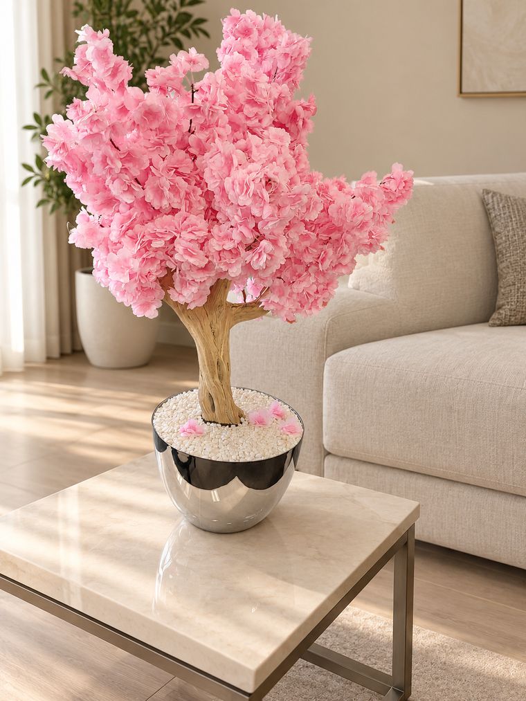Pink blossom tree in silver bowl
