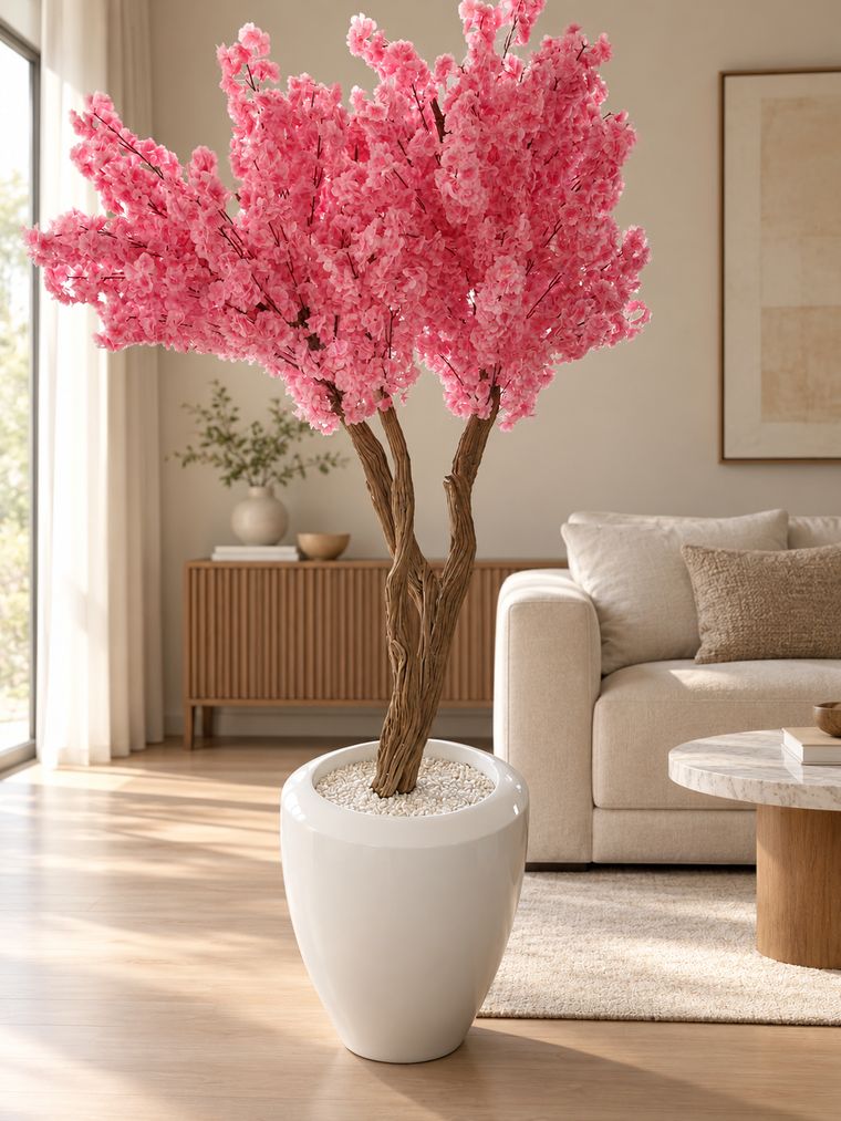Pink blossom tree in ivory planter