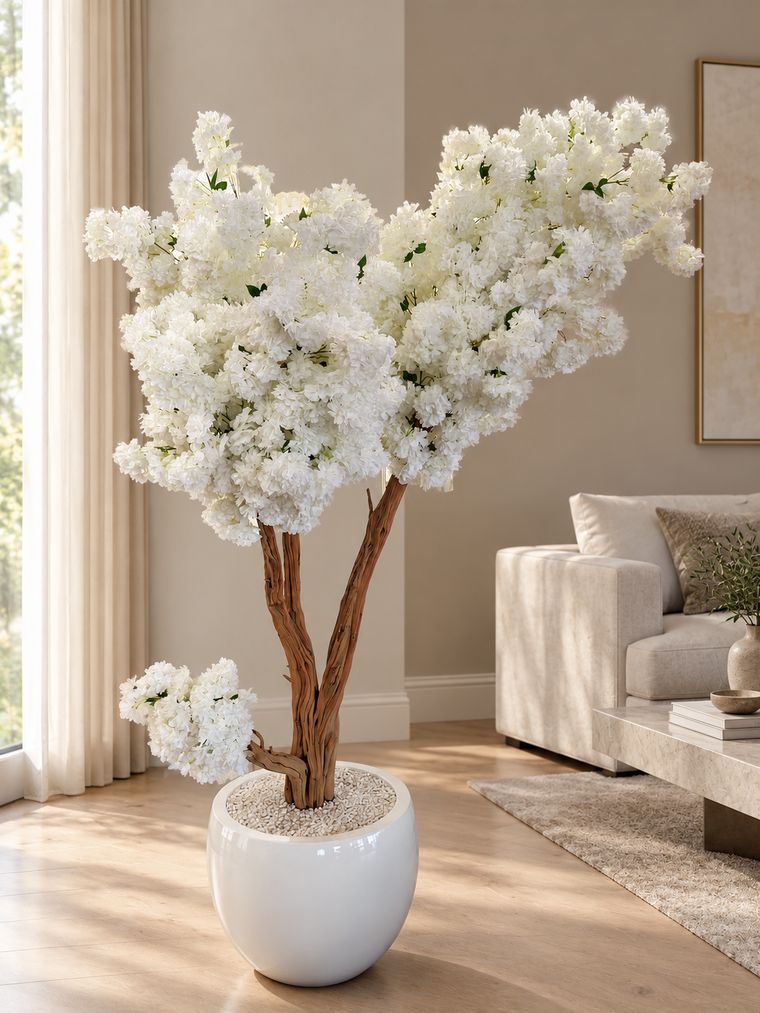 White blossom tree in white planter