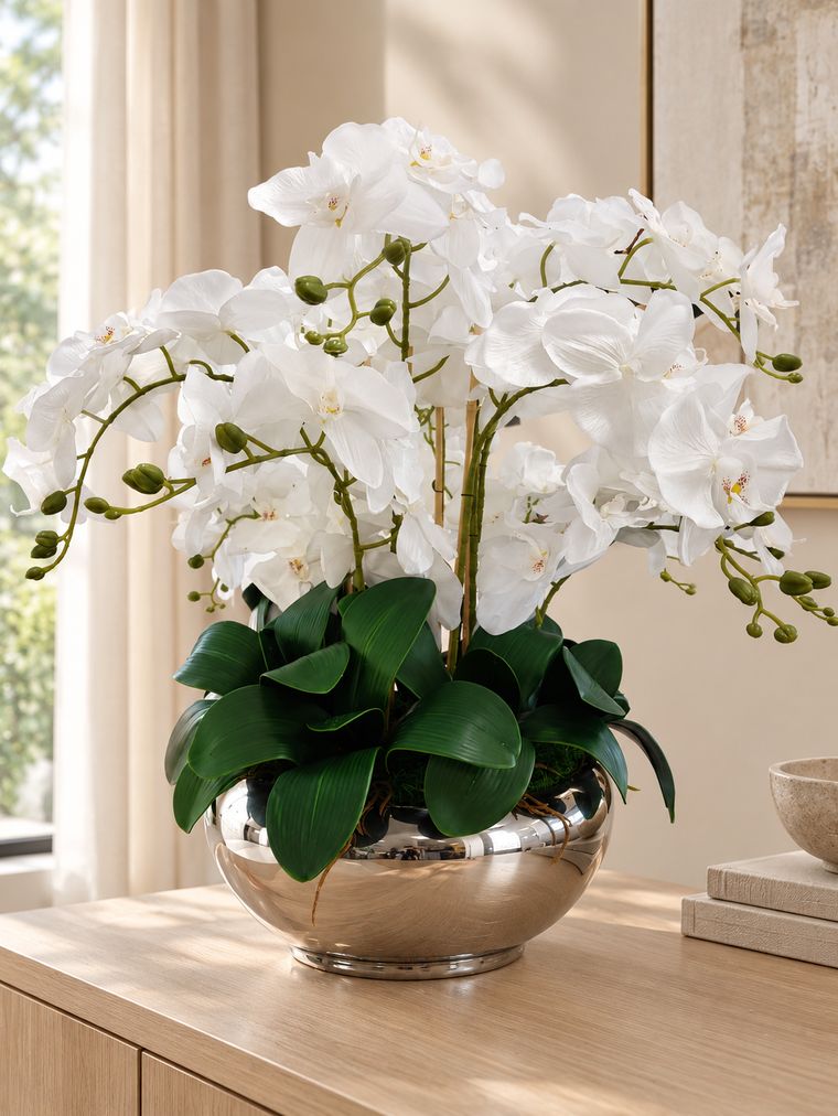 White orchid arrangement in silver bowl