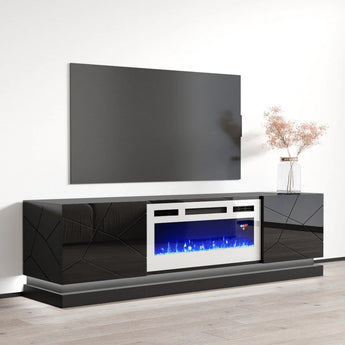 Mueble TV Negro Lacado Brillante, Chimenea Eléctrica, Centro Entretenimiento hasta 80"
