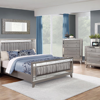 Leighton Eastern King Panel Bed With Mirrored Accents Mercury Metallic