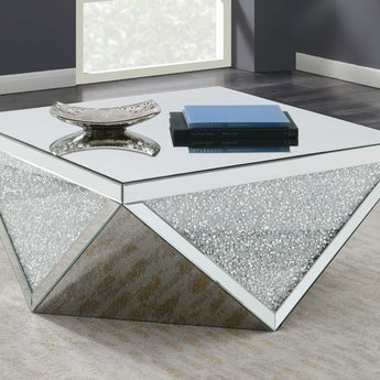 Amore Square Coffee Table With Triangle Detailing Silver And Clear Mirror