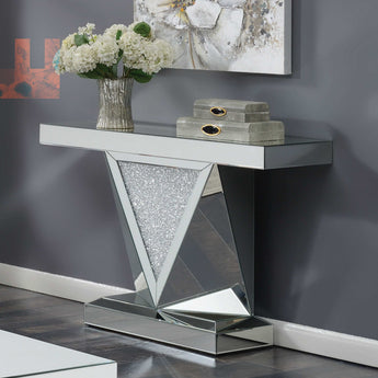 Amore Rectangular Sofa Table With Triangle Detailing Silver And Clear Mirror