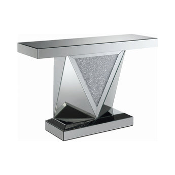 Amore Rectangular Sofa Table With Triangle Detailing Silver And Clear Mirror