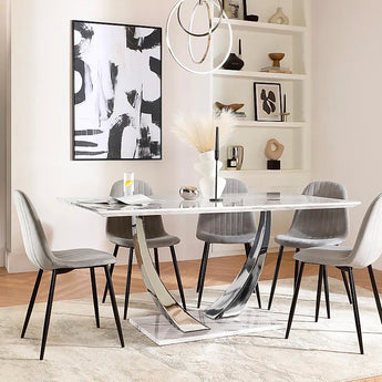 Mesa Comedor BELI Mármol Blanco Brillante, Pedestal Cromado Elegante 6 Plazas