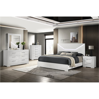 Juego de Dormitorio King Brooklyn Blanco Brillante LED, Muebles Modernos Cromados