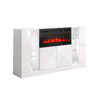 Aparador Moderno Blanco Lacado con Luces LED y Chimenea Eléctrica