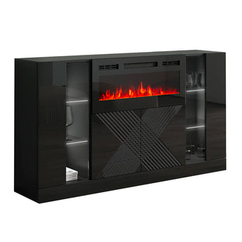 Aparador Moderno Buffet Negro con Chimenea Eléctrica y Luces LED para Salón