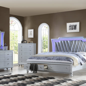 Juego Dormitorio Queen F1881 Plata Blanco Moderno Lujo Iluminación LED