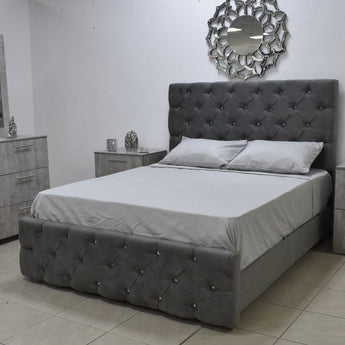 Cama Camila Moderna Tapizada Gris Marrón, Diseño Elegante, Confort Superior