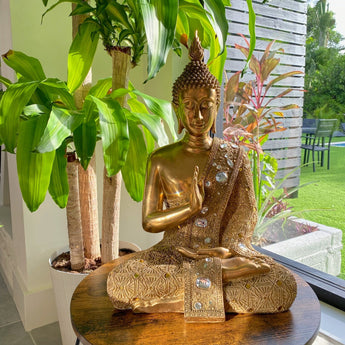 Elegante Escultura de Buda Dorada para Mesa: Paz y Armonía Interior