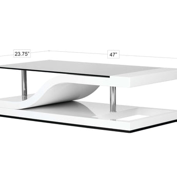 Mesa de Centro de Bambú con Tapa de Cristal Ahumado Blanco Brillante