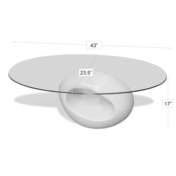 Mesa Centro Ovalada Moderna: Base Blanca Brillante, Vidrio Transparente Lujoso
