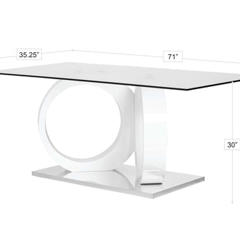 Mesa de Comedor Andes: Cristal Templado, Pedestal Blanco Brillante, Base Cromada Elegante
