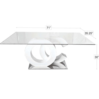 Elegante Mesa Comedor Brunella Vidrio Transparente Pedestal Blanco Brillante Cromo