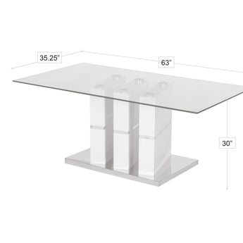 Mesa de Comedor Derick: Tapa Cristal, Pedestal MDF Blanco Brillante, Base Cromada