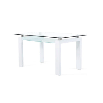 Elegante Mesa Comedor Norman: Cristal Transparente, Pedestal MDF Blanco Brillante.