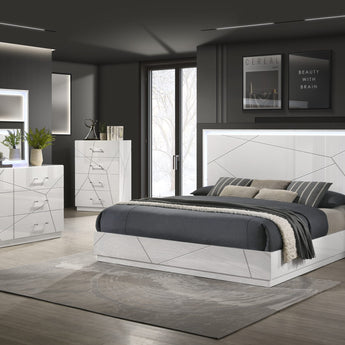Lujosa Cama Queen Dubai con Cabecero LED, Acabado Blanco Brillante Moderno