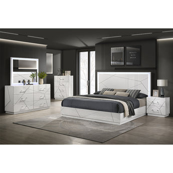Set Dormitorio King Dubai Lujo Moderno LED Blanco Brillante Muebles Elegantes