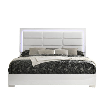Cama King Manhattan de Lujo Blanco Alto Brillo con Cabecero LED Moderno