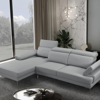 Sofá Seccional Kim Izquierdo Gris Piel Ecológica Patas Cromadas Reclinable Cómodo