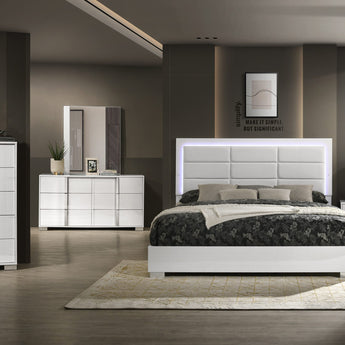 Juego de Dormitorio Manhattan Queen Blanco Brillante Moderno con Cabecero LED