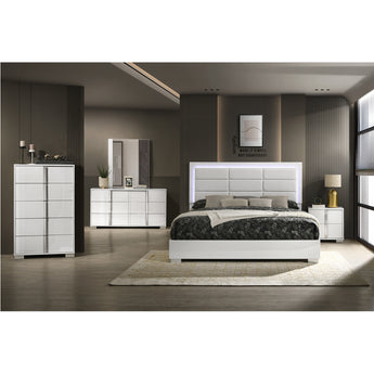 Juego de Dormitorio Manhattan Queen Blanco Brillante Moderno con Cabecero LED