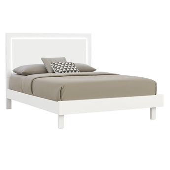 Cama King Miami Moderna Blanca Lacada con Cabecero LED y Patas Cromadas