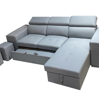 Sofá Seccional Reversible Milano Gris Cama Extraíble Almacenamiento y Pufs Ocultos