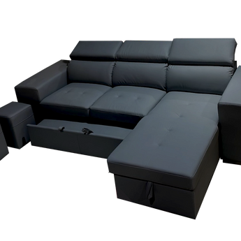 Sofá Seccional Reversible Milano Negro: Cama Extraíble, Almacenamiento y Otomanas