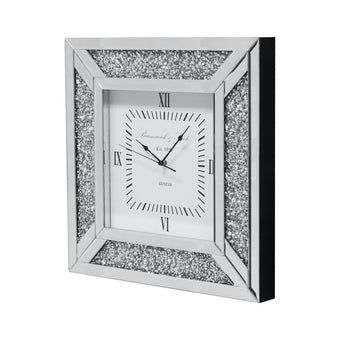 Reloj de Pared Cuadrado Espejo Diamante Moderno, Vidrio Brillante, Borde Plateado