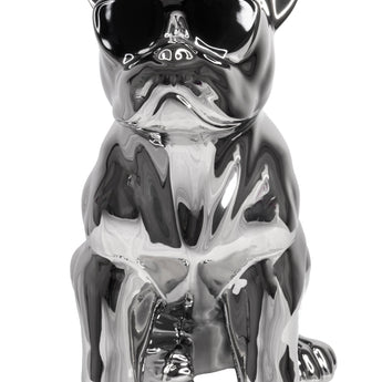 Estatua Decorativa Bulldog Sentado con Gafas de Sol Cerámica Plateada Moderna