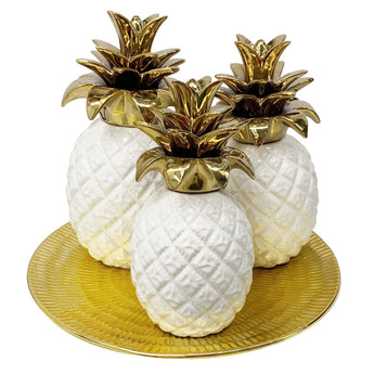 Juego Elegante 4 Piñas Decorativas Cerámica con Bandeja para Cocina Hogar