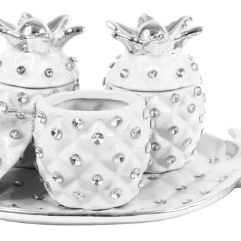 Elegante Juego de Piñas Decorativas de Cerámica Blancas para Cocina y Hogar, 4 Piezas