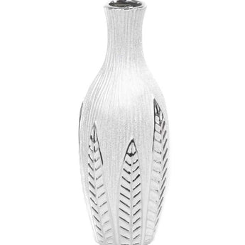 Elegante Jarrón Cerámica Plateada con Hojas - Decoración Hogar Moderna