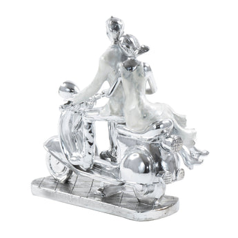 Escultura Moderna de Pareja en Scooter Plateado Poliresina Decoración Hogar