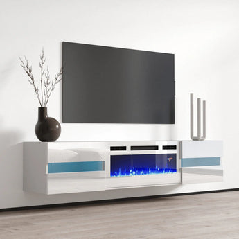 Mueble TV Flotante Blanco LED Moderno, Chimenea Eléctrica, Amplio Almacenamiento