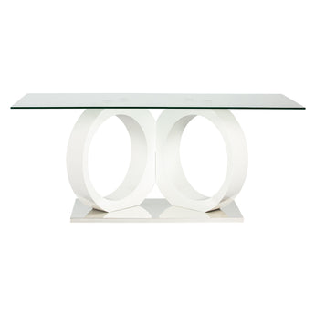 Mesa de Comedor Andes: Cristal Templado, Pedestal Blanco Brillante, Base Cromada Elegante