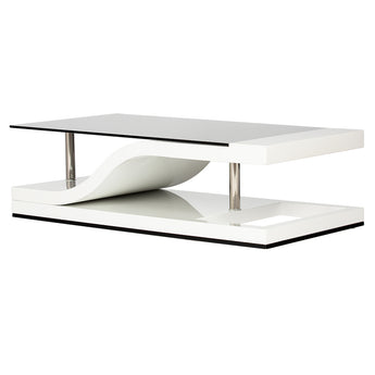 Mesa de Centro de Bambú con Tapa de Cristal Ahumado Blanco Brillante