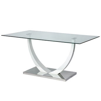 Mesa de Comedor Bastian de Cristal y Pedestal Blanco Brillante Cromado Moderno