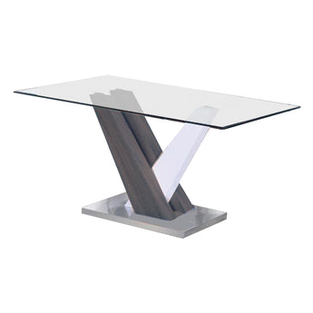 Mesa de Comedor Blake: Elegante Cristal Transparente, Pedestal Blanco Brillante y Cromo Moderno