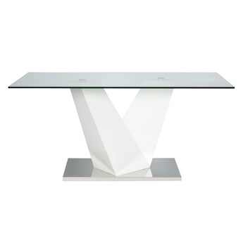 Mesa Comedor Bono Lujosa Vidrio Transparente Pedestal MDF Blanco Brillo Base Cromada