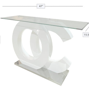 Mesa Consola Brunella Moderna con Tapa de Cristal y Pedestal Blanco Brillante