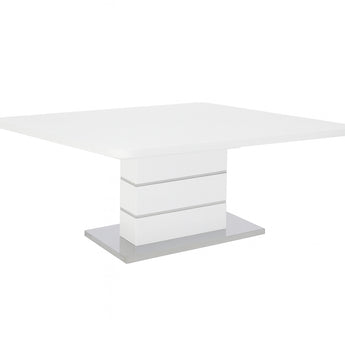 Mesa de Comedor Clara: Blanca Brillante, Detalles Cromados, Moderna y Espaciosa