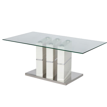 Mesa de Centro Derick: Moderna, Cristal Transparente, Base Blanca Brillante, Salón Elegante