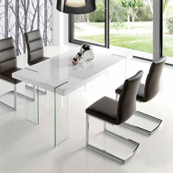 Mesa de Comedor DT25: Tapa MDF Blanco Brillante, Patas Cristal Templado Elegante