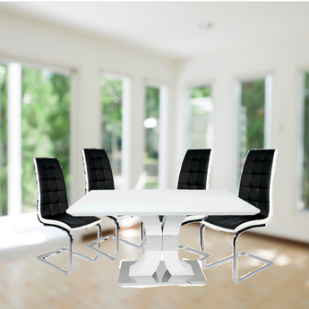 Mesa de Comedor N119 Vidrio Templado, MDF Brillante y Acero Resistente