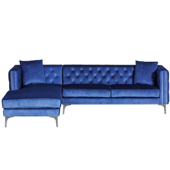 Sofá Seccional Melissa Terciopelo Azul Izquierdo con Otomana y Patas Cromadas